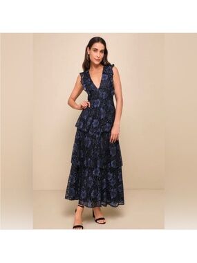Lulu's Navy Floral Lace Tiered V-Neck Maxi Dress